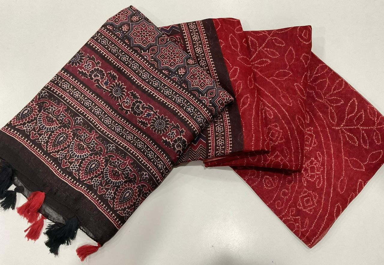 Linen Digital Print Saree With Ajrakh Print Pallu And Bandhani Print Cotton Saree